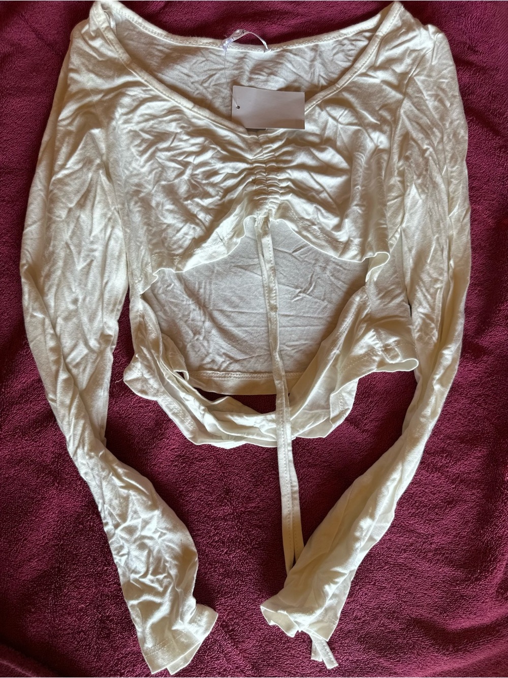 Ruched Tie-Front Long Sleeve Top in White